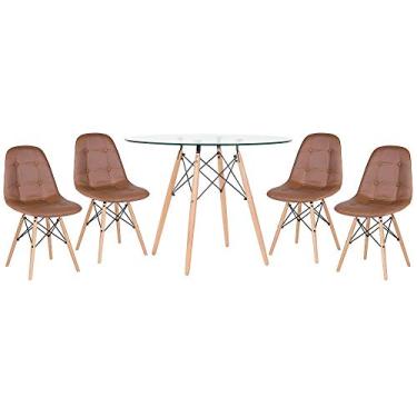 Imagem de Loft7, KIT - Mesa de vidro Eames 100 cm + 4 cadeiras Eames Botonê Marrom