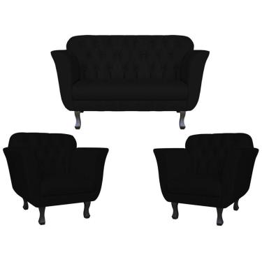 Imagem de Kit Namoradeira + 2 Poltronas Decorativa Dália Suede Preto Pés Madeira Mz Decor