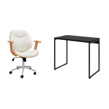 Imagem de Conjunto de Mesa Studio Preta com Cadeira de Escritório Diretor Giratória Antonella Branca