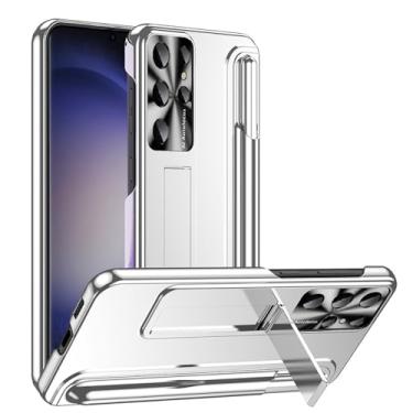 Imagem de PuRoxx Capa para Samsung Galaxy S24 Ultra/S24 Plus/S24, capa de proteção de lente de câmera de metal, capa rígida com suporte invisível com suporte para caneta S, prata, S24