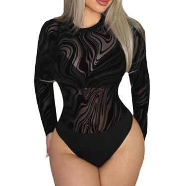 Imagem de RoseSeek Body feminino de malha transparente com estampa de mármore manga longa gola redonda slim fit camisetas tops moda Shapwear, Preto, P