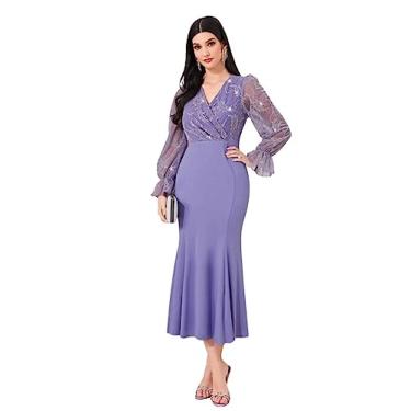 Imagem de Camisa Feminina Contrast Sequin Flounce Sleeve Mermaid Hem Dress (Color : Mauve Purple, Size : CH)