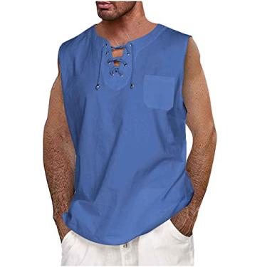 Imagem de Coletes para homens verão outono sem mangas decote em V linho camiseta regata nó simples coletes masculinos 2024 Y2K, E-270 Azul royal escuro, 3G