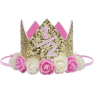 Imagem de Baby Princess Tiara Crown, Baby Girls/Kids First Birthday Hat Sparkle Gold Flower Style with Artificial Rose Flower (1/2st Birthday Crown)