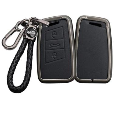 Imagem de HIBEYO Capa Smart Key Fob compatível com VW Volkswagen Passat Tiguan Skoda CC B8 MK2 B7 Superb A7 Magotan Key Leather & Alloy Key Cover Accessories with Keychains-B Keychain Black