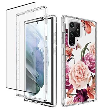 Imagem de Vavies Capa para Galaxy S22 Ultra, SM-S908U com protetor de tela de vidro temperado, capa de telefone transparente com proteção floral para Samsung Galaxy S22 Ultra 5G (flor roxa)