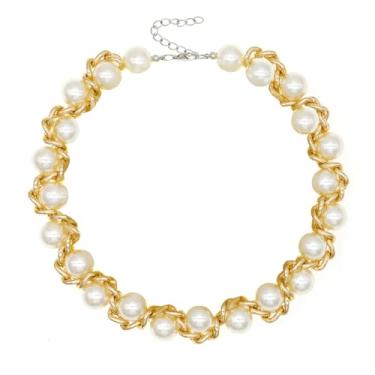 Imagem de Colar de pérolas grandes para mulheres colar de declaração de pérolas grandes e grossas, bijuterias simuladas de pérolas, colar de elos de corrente para festa de formatura de casamento, Pérola, Pérola sintética