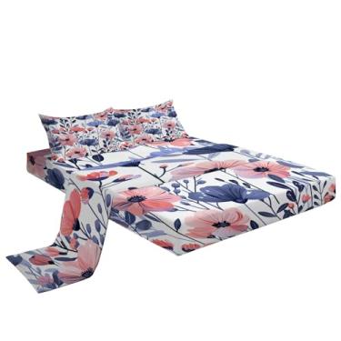 Imagem de Eojctoy Jogo de lençol ultramacio com tema de flores aquarela, 4 peças, fácil de cuidar com lençol casal de 40,6 cm, confortável e respirável para casa