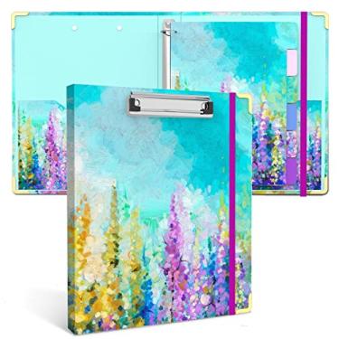 Imagem de Fichário de 3 anéis, 2 bolsos internos, 5 divisores, prancheta de perfil baixo com armazenamento, fichário fofo e etiquetas adesivas para escritório escolar (pintura a óleo roxa)