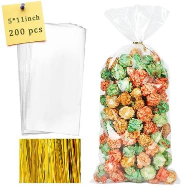 Imagem de Labeol 200 unidades de sacos de celofane 5 x 28 sacos de petisco com laços transparentes, biscoito doce, presente para embalagem, lembrancinha de festa, Dia das Bruxas, Natal, presente