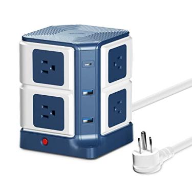 Imagem de Torre de tomada elétrica com PD20W USB C, BESTEK 8 tomadas e portas de carregamento USB 2100 Joules protetor contra sobretensão, cabo de extensão de 1,5 m, plugue plano, listado na ETL