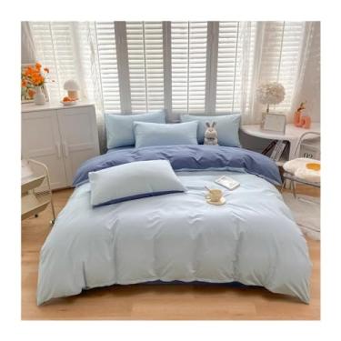 Imagem de Jogo de cama de algodão com 3 peças, duas cores lisas, estilo casal, capa de edredom, fronha, estilo europeu (solteiro azul)