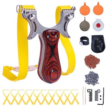 Imagem de IITFSTC Conjunto de estilingue profissional de aço inoxidável sólido de alta velocidade para adultos caçando com 1 bolsa de munição 100 bolas de munição e 10 elásticos de substituição e 4 alvos