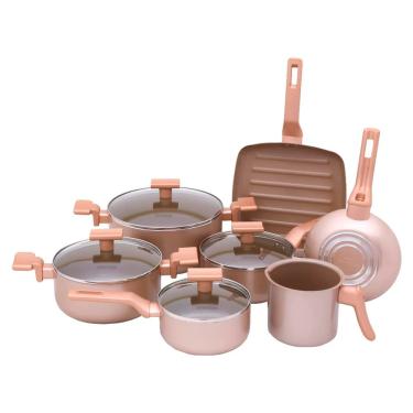 Imagem de Jogo De Panelas Alumínio Ceramica Antiaderente Mimo Style Conjunto 07 Peças Sartin Cook Champanhe