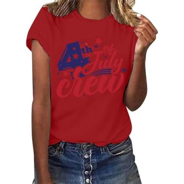 Imagem de Camisetas femininas Memorial Day com bandeira americana listras estrelas EUA manga curta gola redonda camiseta básica, Vermelho, M