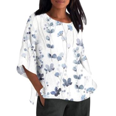 Imagem de Camiseta feminina de linho, manga 3/4, vintage, estampada, folgada, gola redonda, casual, camiseta para sair, Roxa, M
