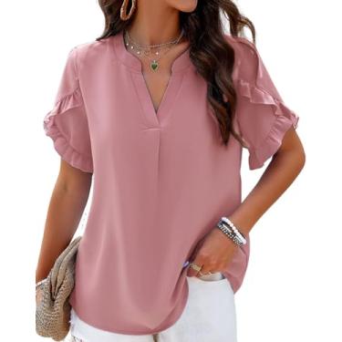 Imagem de XQR Blusa feminina de verão com babados de manga curta e gola V blusa elegante de chiffon elegante, rosa, G