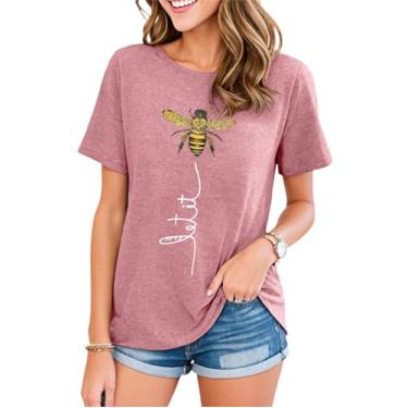 Imagem de Sekuhu Camiseta feminina de girassol com estampa de flores fofas, gola redonda, manga curta, casual, Let It Bee Pink, XXG
