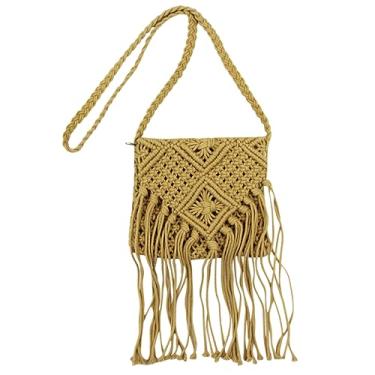 Imagem de RARITYUS Bolsa tiracolo feminina de algodão, crochê, borla, feita à mão, boêmia, bolsa de ombro para verão e praia, Caqui, One Size, Boêmio
