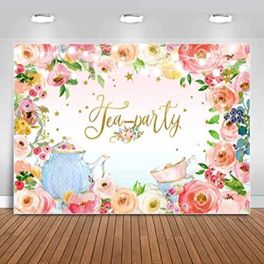 Imagem de Sensfun Pano de fundo para festa de chá com glitter rosa floral Lets Partea Banner para mulheres, meninas, princesas, país das maravilhas chá da tarde, decoração de festa de aniversário, suprimentos