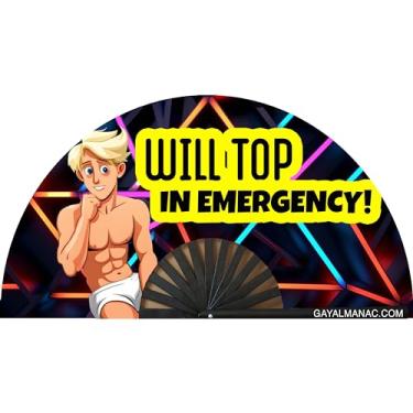 Imagem de PandaTak Fãs de mão dobráveis do orgulho gay, leque de bambu grande engraçado de 33 cm com tinta reativa a UV, para festas de circuito LGBTQ EDM e raves (será o topo em emergência)