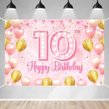 Imagem de Banner de feliz aniversário de 10 anos, tema rosa, balões de ouro rosa, decoração de fundo de confete para princesas meninas nobres elegantes festa de aniversário cabine de fotos lembrancinhas