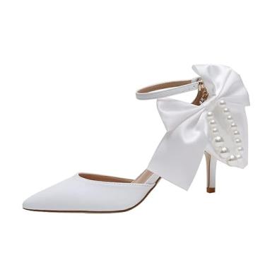 Imagem de STARSHINE RESPLENDENT Sapatos de casamento adornados com laço de fita branca sapatos femininos de couro salto alto com franjas pérolas sandálias femininas de salto médio salto baixo, Salto de 6,9 cm,