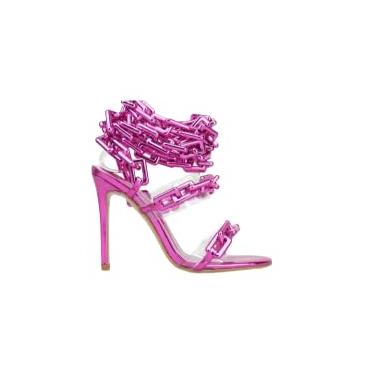 Imagem de Frankie Hsu Sandália feminina de luxo com cadarço na perna no tornozelo, corrente de elos dourados, tiras de PVC transparente, bico redondo, salto alto, rosa, 36