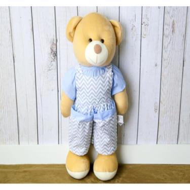 Imagem de URSO DE PELUCIA PORTA FRALDAS - MACAÇAO 65 CM PARA QUARTO DE BEBE (CHEVRON CINZA COM AZUL CLAO)