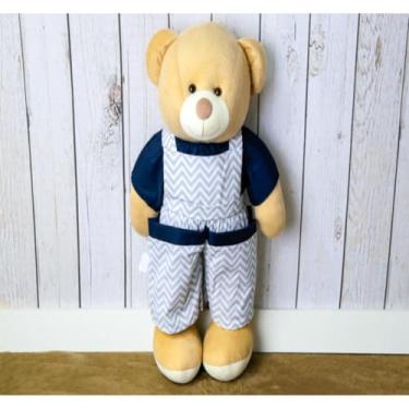 Imagem de URSO DE PELUCIA PORTA FRALDAS - MACAÇAO 65 CM PARA QUARTO DE BEBE (CHEVRON CINZA COM MARINHO)