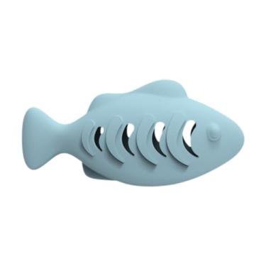 Imagem de Fenteer Silicone Peixe Forma Gato Escova de Dentes Brinquedo Dentição, Gato Brinquedo Alimentador Dispensador de Comida para Gatos de Interior, Azul