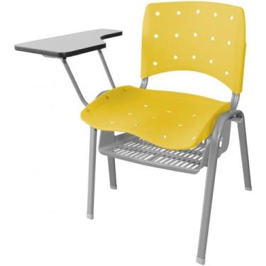 Imagem de Cadeira Universitária Plástica Amarela Anatômica Com Porta Livros Base