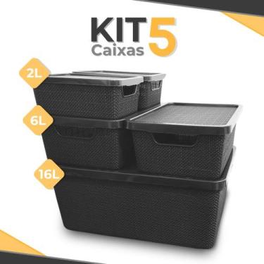 Imagem de Kit 5 Caixas Cestos Organizadoras 2L / 6L / 16L Preta Com Tampa Telada