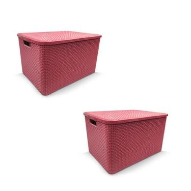Imagem de Kit 2 Caixa Organizadora Rattan Decorativa C/ Tampa Rosa 25589 Arqplas
