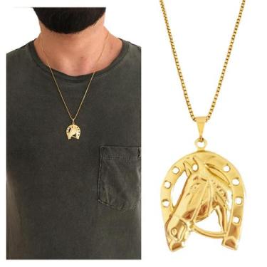 Imagem de Corrente Cordão Veneziana 60 cm Masculina Pingente Cavalo Ferradura Pe