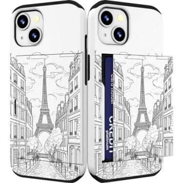 Imagem de IWONE Capa compatível com iPhone 15 fofa com porta-cartões Slim Slot Phone 15 capas carteira para mulheres/Torre Eiffel Paris França rua cidade nuvens desenho