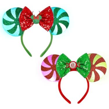 Imagem de Tarocynn 2 peças de faixas de cabeça de orelhas de rato de Natal com luz LED de lantejoulas de Natal e rena doces para lembrancinhas de festa (pacote com 2)