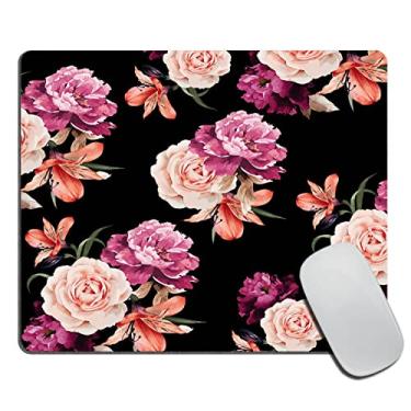 Imagem de Tapete de mouse floral, preto e roxo gasto chique rosa flor personalizada premium tapete de mouse texturizado, tapetes de mouse laváveis base de borracha antiderrapante pequeno mousepad, 9,5 × 7,9 ×
