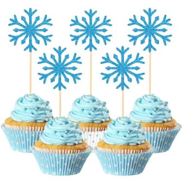 Imagem de 50Pcs Snowflake Cupcake Toppers Lake Blue Glitter Winter Frozen Theme Snowflake Cupcake Picks for Winter Wonderland New Year Baby Shower Kids Birthday Party Cake Decorations Supplies