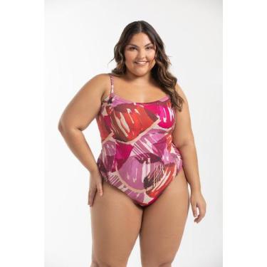 Imagem de Maiô Alças Fixas Estampado Plus Size - Cor De Cacau, 48, Folhagem uva
