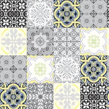 Imagem de Papel de parede azulejo português autocolante tons cinza com amarelo r