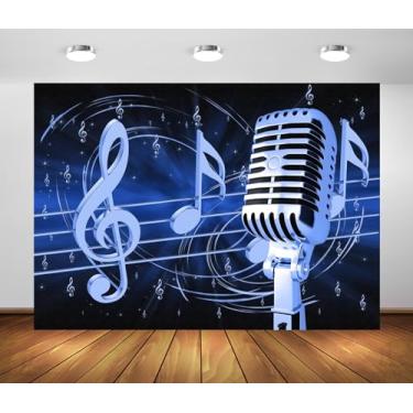 Imagem de BELECO Microfone de tecido de 2,4 x 1,8 m, pano de fundo, notação musical, notas musicais, tema de karaokê, decorações de festa, cabine fotográfica, estúdio, adereços