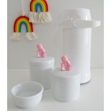 Imagem de kit Higiene Bebê Potes K022 Rosa Cotonete Algodão Limpeza Porcelana Mu