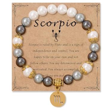 Imagem de GLMOCM Pulseira de Signos do Zodíaco, Pulseira Elástica com Contas Brancas e Cinzas, Ajustável, 12 Constellations, Fecho Garra de Lagosta, Unissex