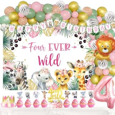 Imagem de Fiesec Quatro Sempre Selvagens Decorações De Aniversário Menina, Selva Safari Tema Animal 4ª Festa Decorações Pano De Fundo Balões Guirlanda Banner Bolo Cupcake Topper Pôster Coroa Leão Chita Girafa R