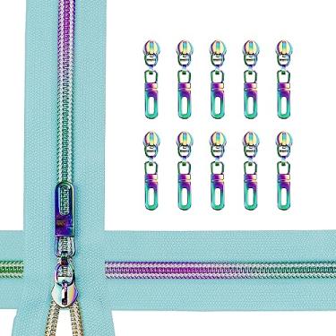 Imagem de zynzaoacs #5 Zíper Arco-Íris Por Metro com Puxadores, Fita de Zíper Aqua com Dentes Arco-Íris(5Yds) e Puxadores de Zíper de Metal Arco-Íris(10Pcs, Tipo B), Zíperes Coloridos de Nyl ()