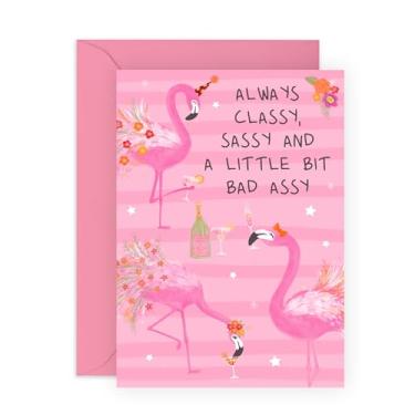 Imagem de CENTRAL 23 Cartão de aniversário para amigas - Classy, Sassy and A Little Bit Bad Assy - Cartão de felicitações de flamingo rosa para mulheres - Presentes engraçados para irmã, namorada, filha - Vem