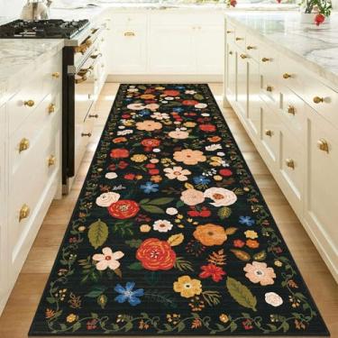 Imagem de U'Artlines Tapete Boho Runner de 6 m x 20 cm para corredores de cozinha, colorido, floral, macio, antiderrapante, lavável, tapete para entrada, lavanderia, banheiro, preto e verde