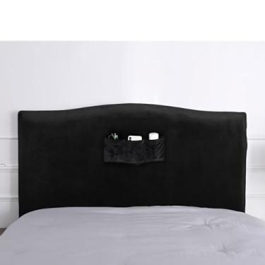 Imagem de WOMACO Capa de cabeceira com bolsos remotos, capa de cabeceira de veludo elástico, capa de cama queen/solteiro/king/trocável para cabeceira estofada (preta, comprimento da cabeceira (89 cm a 109 cm)