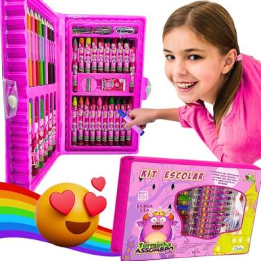 Imagem de Kit material escolar menina infantil papelaria feminino maleta de pintura fofa peças estojo rosa lapis canetinhas regua borracha apontador volta as aulas dia das crianças (Rosa)